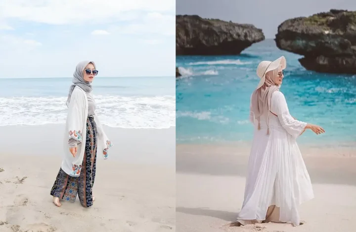outfit ke pantai wanita berhijab