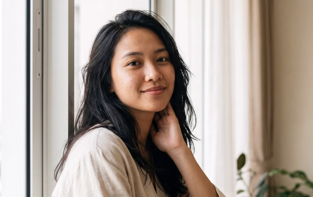 Wanita muda tersenyum dengan wajah tanpa riasan, memberikan gambaran visual bahwa bare face adalah perayaan tekstur kulit asli dalam gaya hidup modern yang estetik.