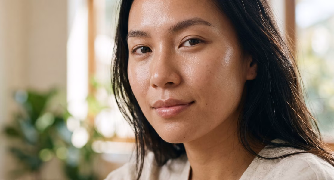 Seorang wanita muda dengan bare face adalah representasi kecantikan natural tanpa riasan yang menampilkan keaslian tekstur kulit sehatnya, berpose santai dalam pencahayaan alami di dalam ruangan yang terang dengan latar belakang tanaman hijau yang samar."