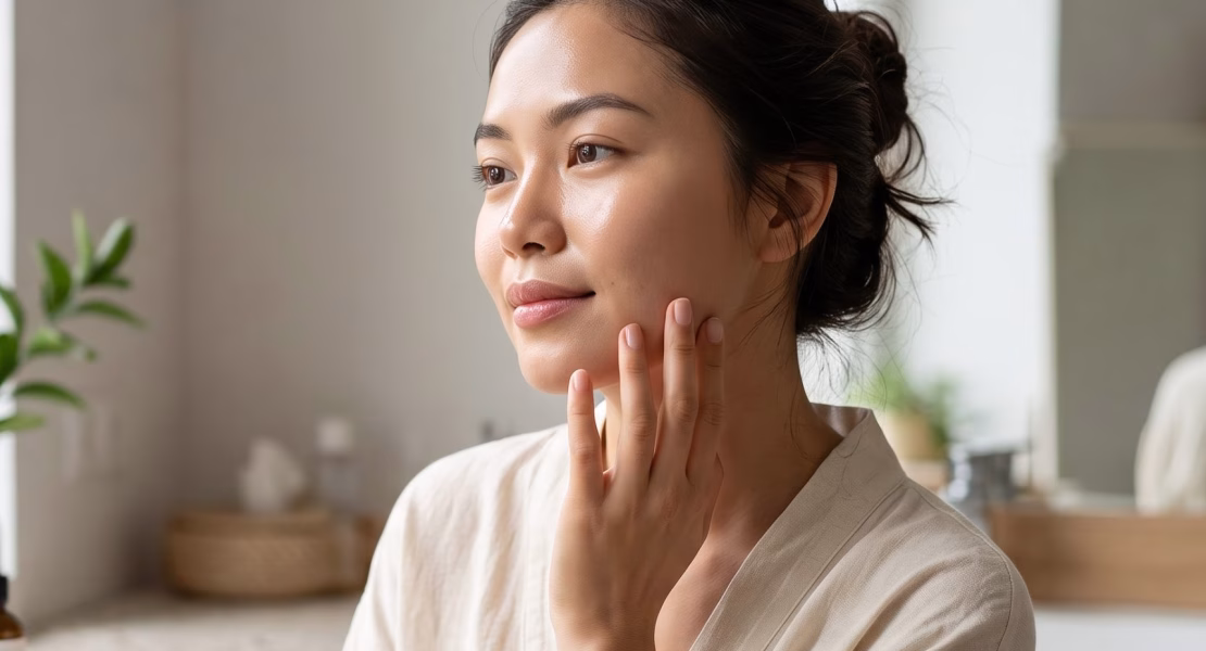 Seorang wanita muda Asia bercermin sambil menyentuh lembut kulit wajahnya yang tampak lebih cerah dan segar setelah perawatan chemical peeling, berlatar kamar mandi modern dengan aneka produk perawatan.