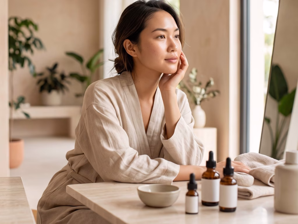 Wanita dengan kulit wajah cerah alami di ruangan estetis, bersiap untuk perawatan chemical peeling menggunakan produk skincare di atas meja."