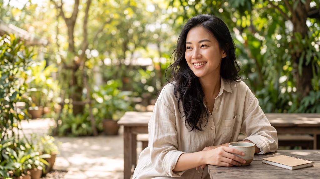 Wanita dengan pancaran inner beauty dan kecantikan alami tersenyum bahagia di area luar ruangan yang hijau.