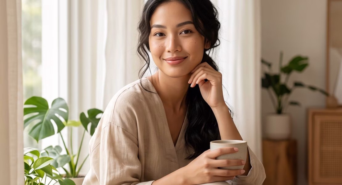 Wanita dengan pancaran inner beauty dan kecantikan alami tersenyum hangat di dekat jendela rumah yang asri.