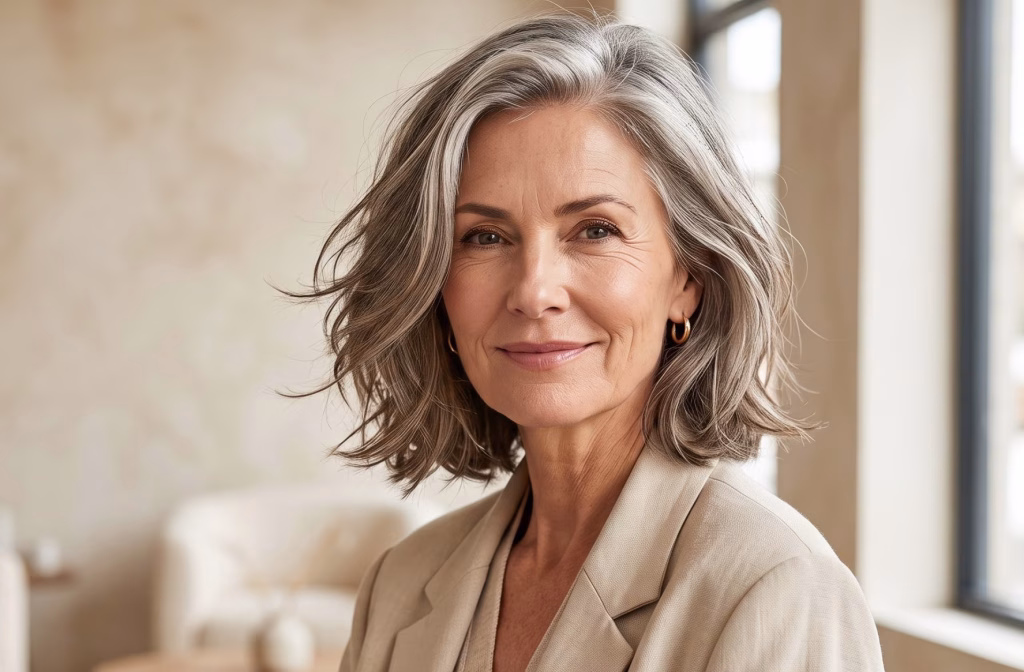 Seorang wanita paruh baya yang tampil anggun dan stylish dengan inspirasi model rambut wanita usia 50 tahun bergaya bob bergelombang sebahu berwarna natural (silver-grey alami).
