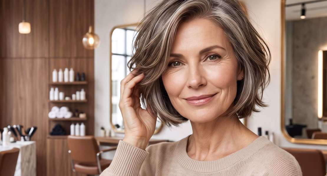 Model rambut wanita usia 50 tahun berupa potongan bob berlapis yang modern dan bervolume, ditampilkan oleh seorang wanita 50-an tahun yang tersenyum natural di dalam salon kecantikan modern.