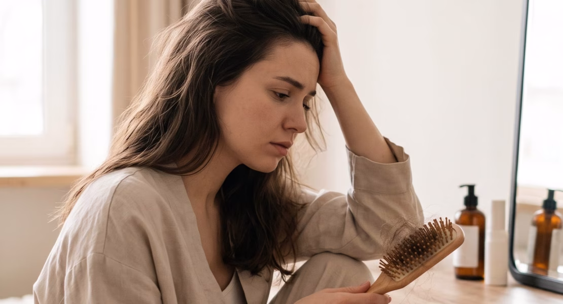 Seorang wanita muda dengan ekspresi khawatir sedang melihat helaian rambut pada sisir kayu di depan meja rias, mengilustrasikan artikel tentang penyebab rambut rontok parah pada wanita.