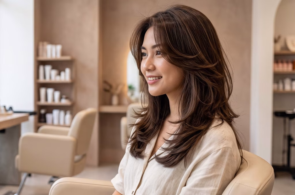 Seorang wanita tersenyum natural dengan potongan rambut butterfly yang bervolume, berlapis (layered), dan tampak modern di dalam sebuah salon kecantikan berdesain estetik dengan pencahayaan alami.