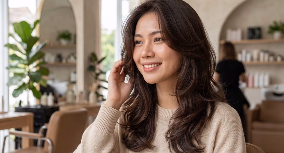 Seorang wanita dengan potongan rambut butterfly yang bervolume, bertekstur, dan berlayer, sedang tersenyum natural di dalam salon kecantikan modern dengan nuansa estetis, memperlihatkan gaya rambut yang feminin dan trendi.