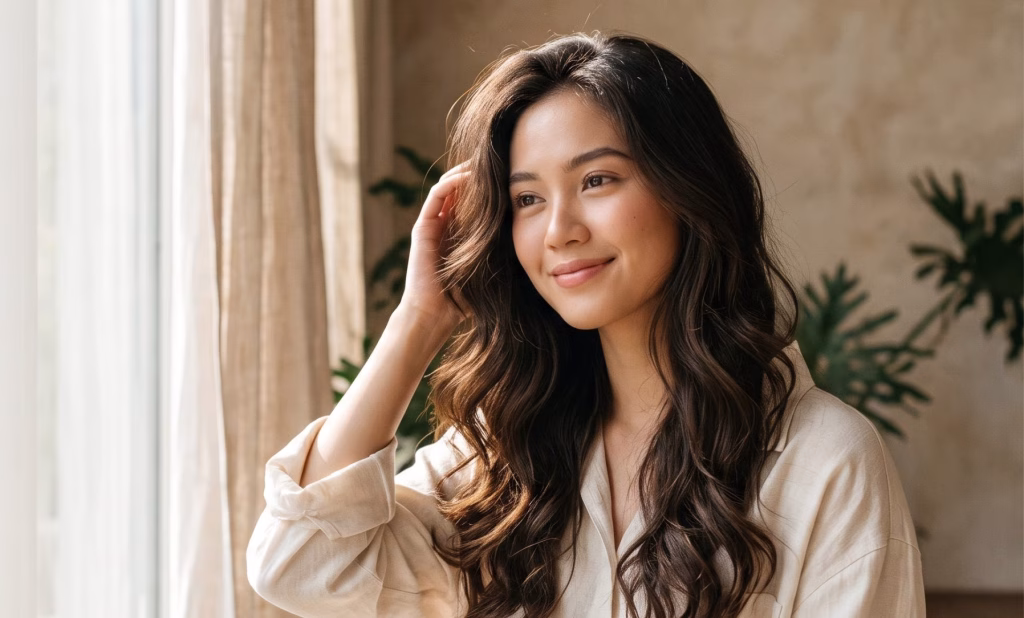 Seorang perempuan muda Asia dengan rambut wavy (bergelombang) yang tebal, alami, dan bervolume, sedang tersenyum lembut sambil menyisir rambutnya secara natural menggunakan jemari tangannya di dekat jendela besar yang terang.