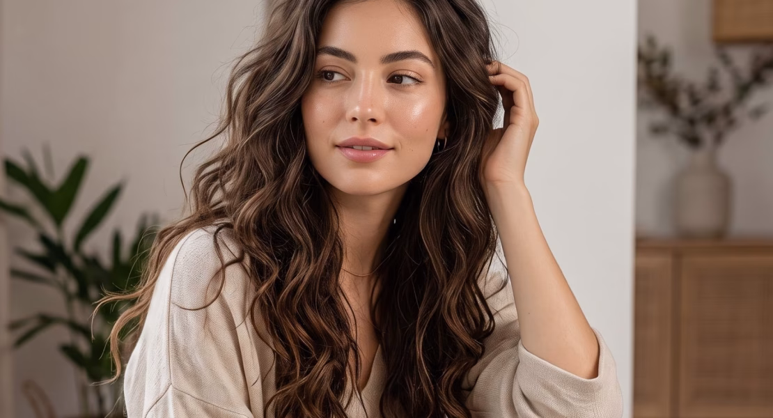 Model perempuan berambut wavy yang natural dan lebat di dalam ruangan bergaya modern."