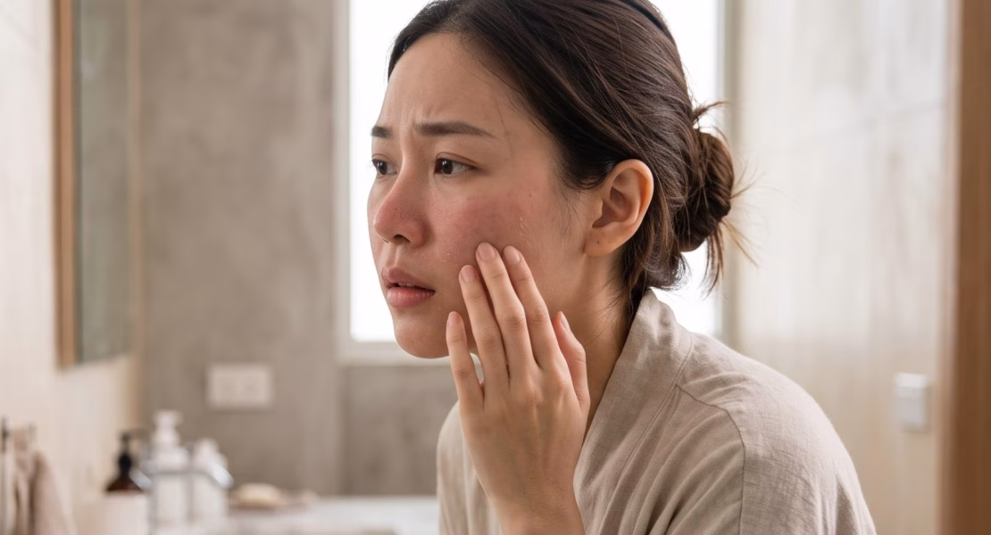 Seorang wanita Asia tampak cemas saat memeriksa wajahnya yang memerah akibat skin barrier rusak di depan cermin kamar mandi."